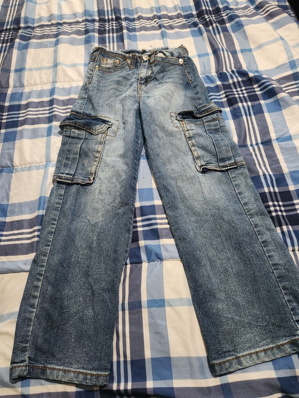 True Religion Leila Mid Rise Wide Leg Classic Blue Cargo Jeans